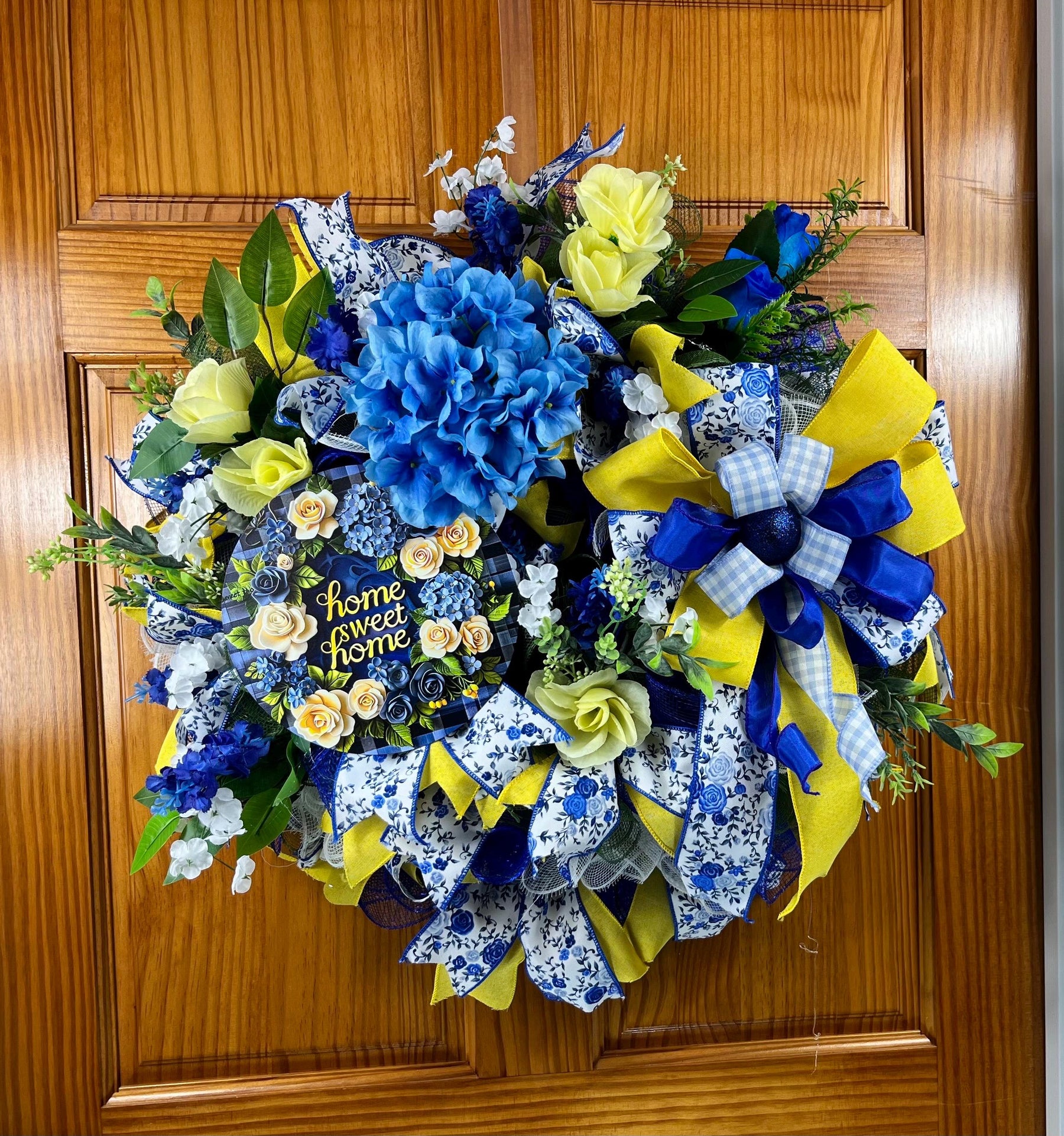 Blue & Yellow Welcome Wreath | Gingham Front Door Decor by Bouge Creations, view 5