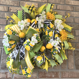 Lemon Front Door Wreath | Farmhouse Gingham Decor by Bouge Creations, view 8