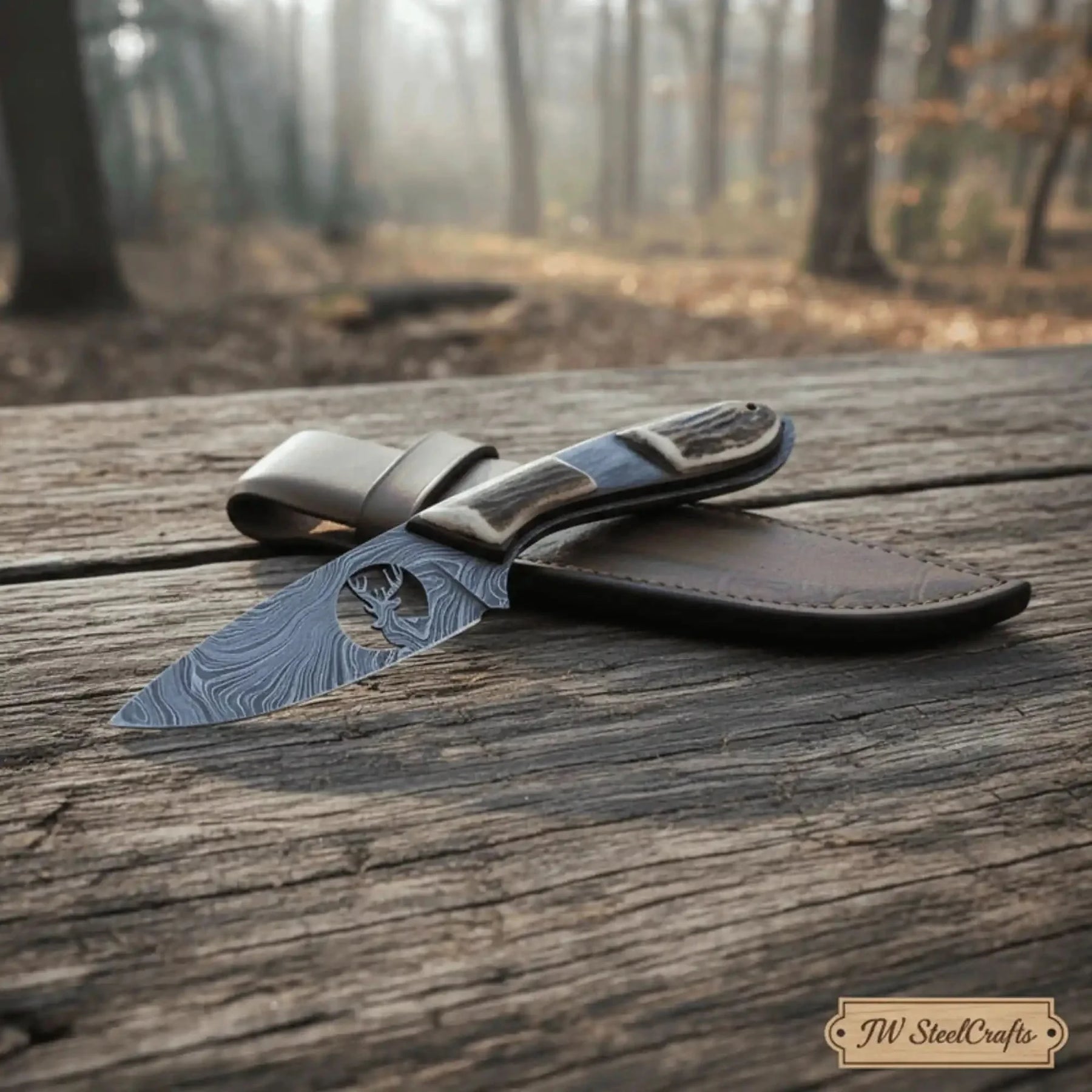 Handmade damascus steel knife with premium handle on dark surface