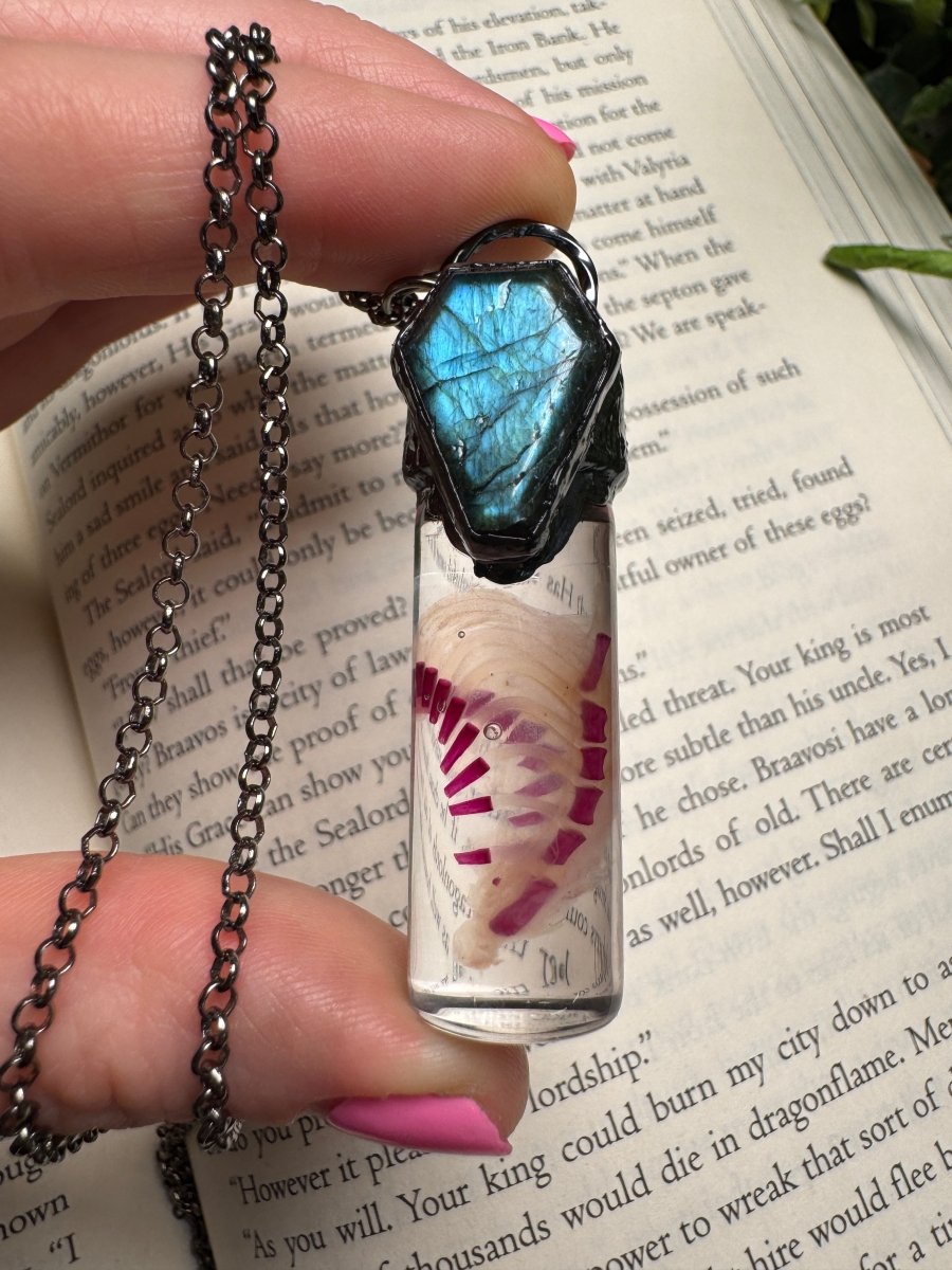 Diaphonized Rat Ribcage and Labradorite Coffin Oddity Necklace