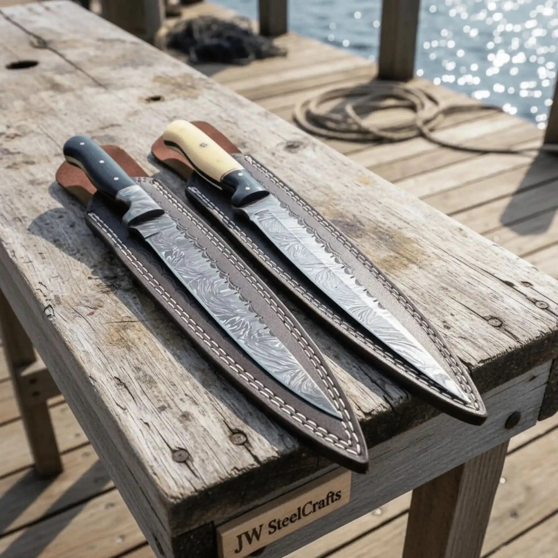 Handmade damascus steel knife with resin handle on dark surface
