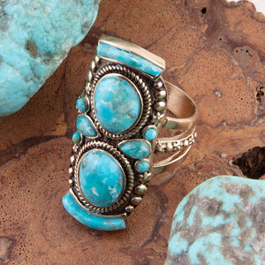 Double Blue Turquoise Golden Shield Ring