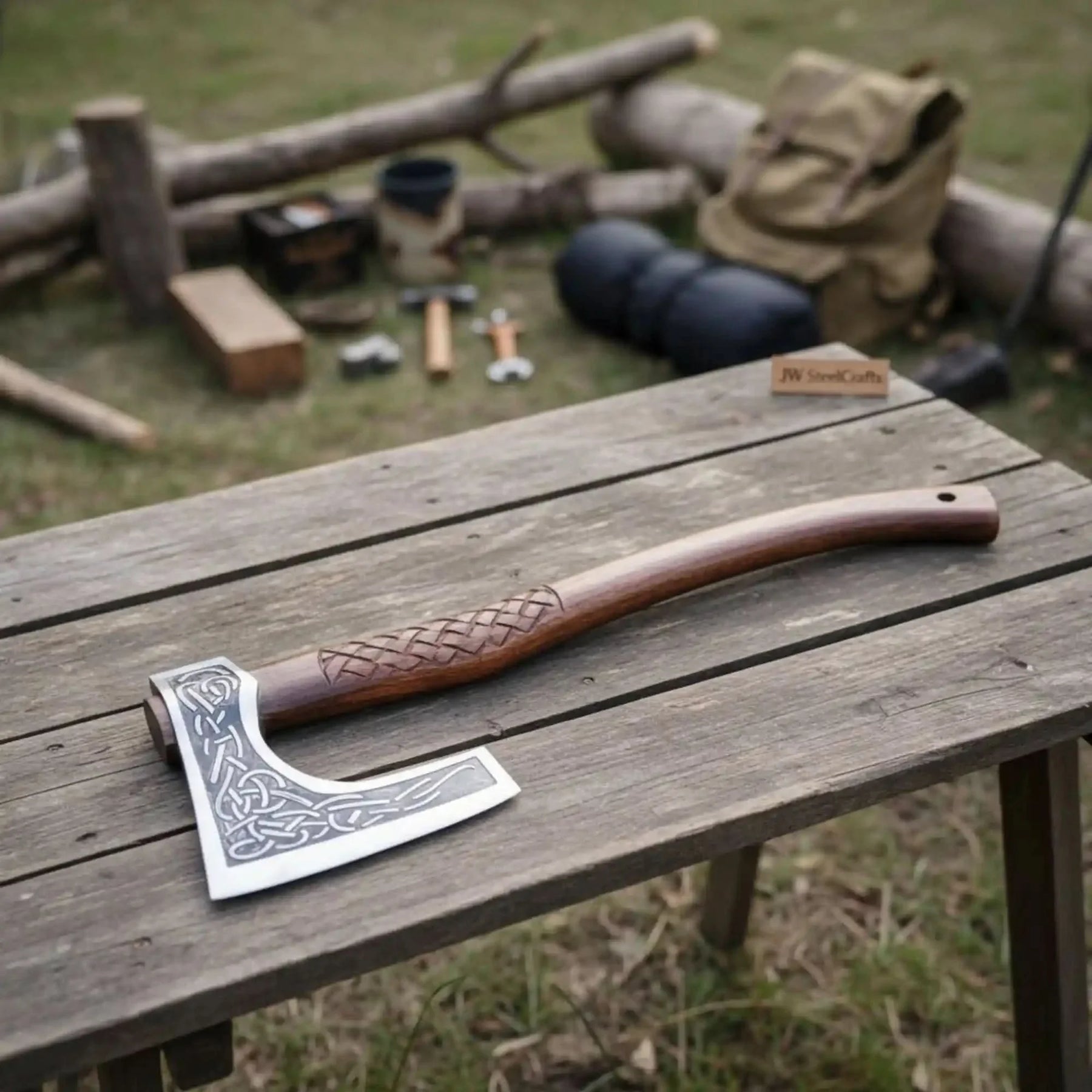 Damascus steel axe head with leather handle on rustic wood surface