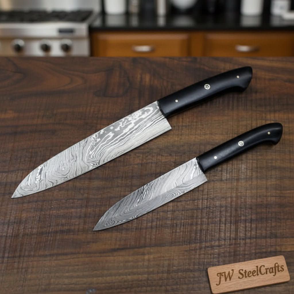 Handmade damascus steel knife with premium handle on dark surface