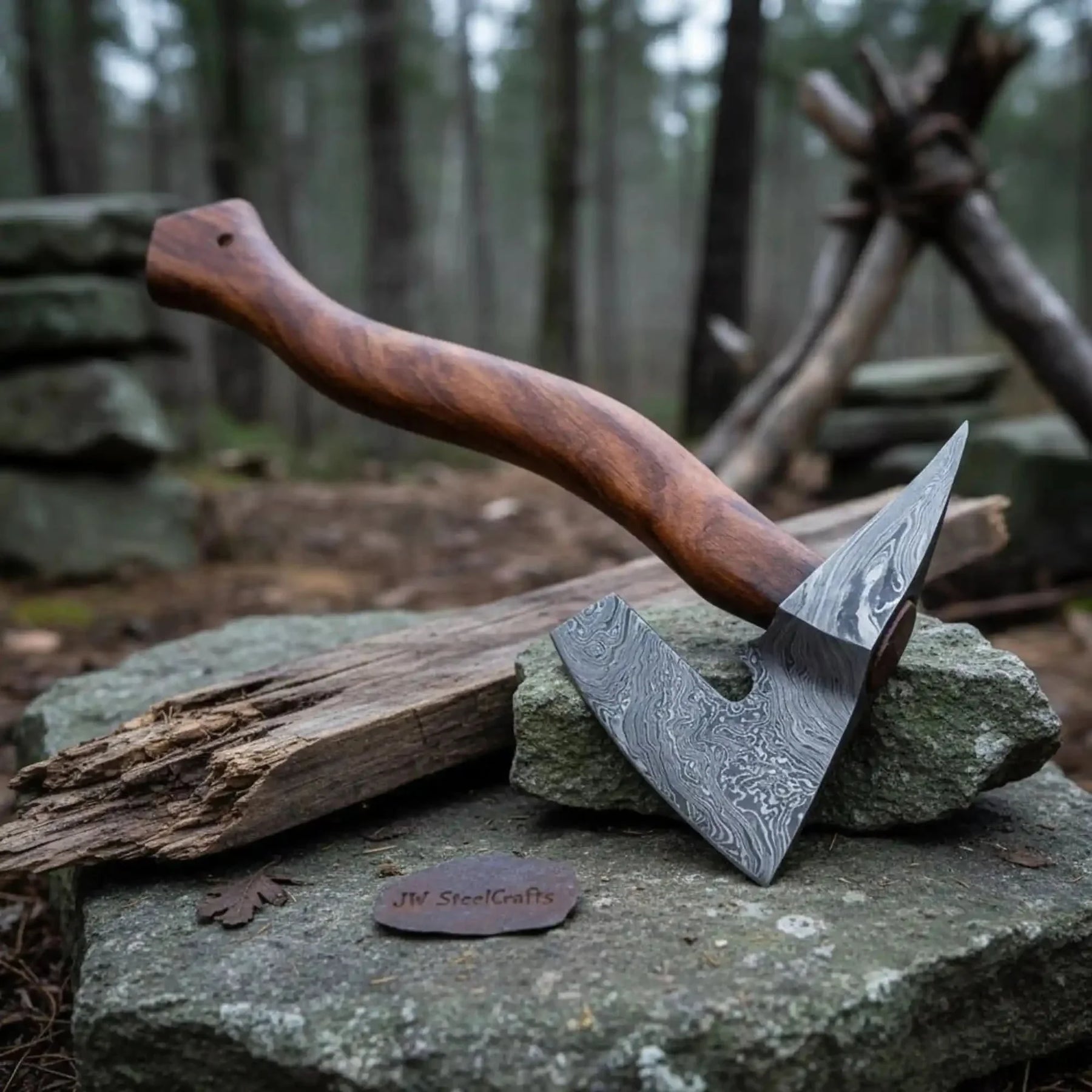 Damascus steel axe head with premium handle on rustic wood surface