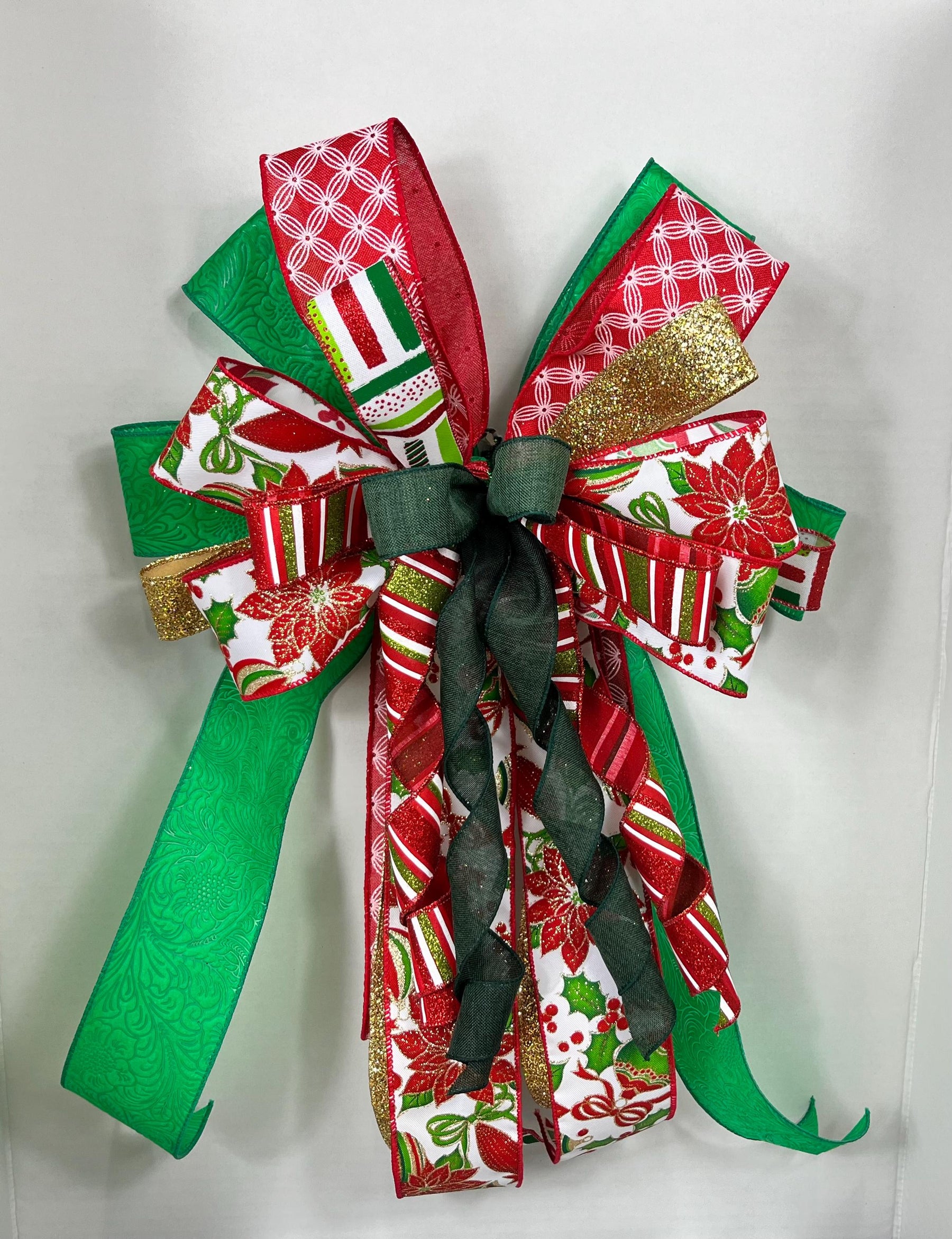 Christmas Poinsettia Bow | Red, Green & Gold Tree Topper by Bouge Creations, view 7