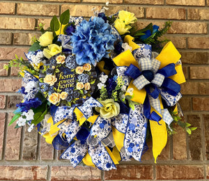 Blue & Yellow Welcome Wreath | Gingham Front Door Decor by Bouge Creations, view 9