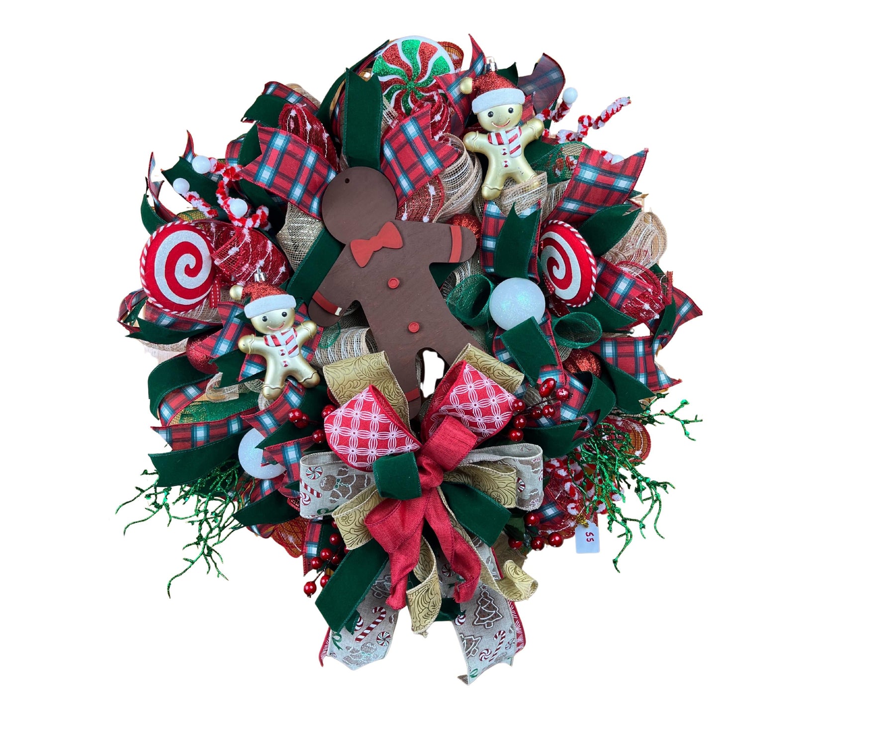 Gingerbread Christmas Wreath | Candy Cane Mesh & Plaid handmade by Bouge Creations