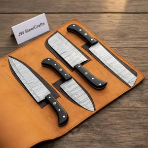Handmade damascus steel knife with wood handle on dark surface