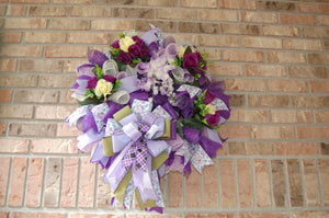 Purple Floral Wreath | Silk Flower Front Door Decor by Bouge Creations, view 5