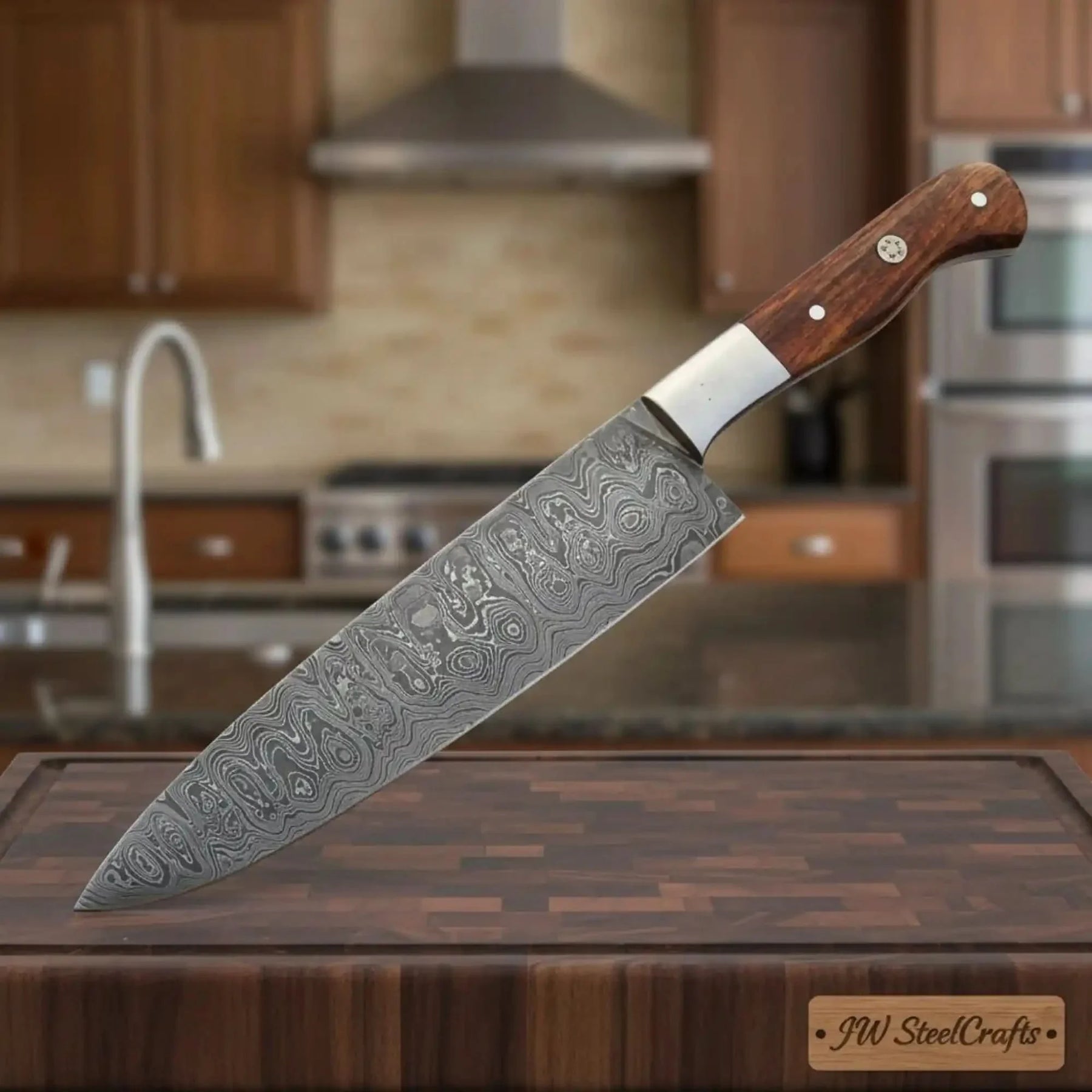 Hammer-Forged 8” Ladder Pattern Damascus Kiritsuke Knife – Rosewood Handle, Steel Bolster, Mosaic Pin by JW SteelCrafts