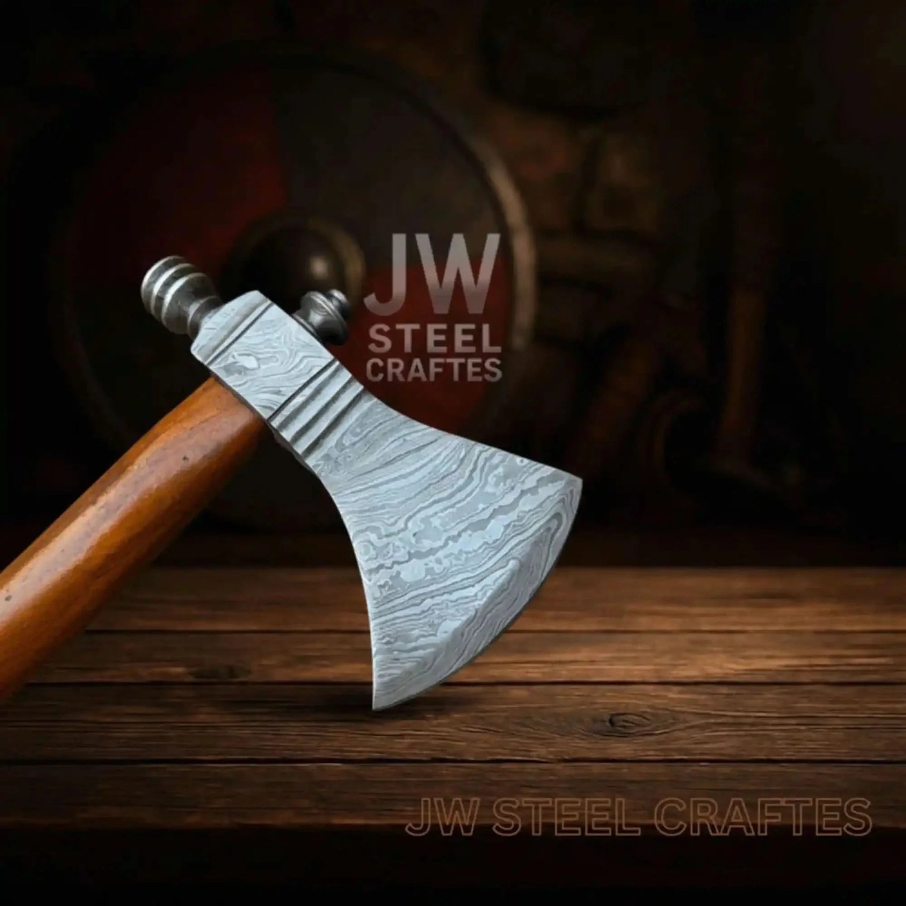 Damascus steel axe head with premium handle on rustic wood surface