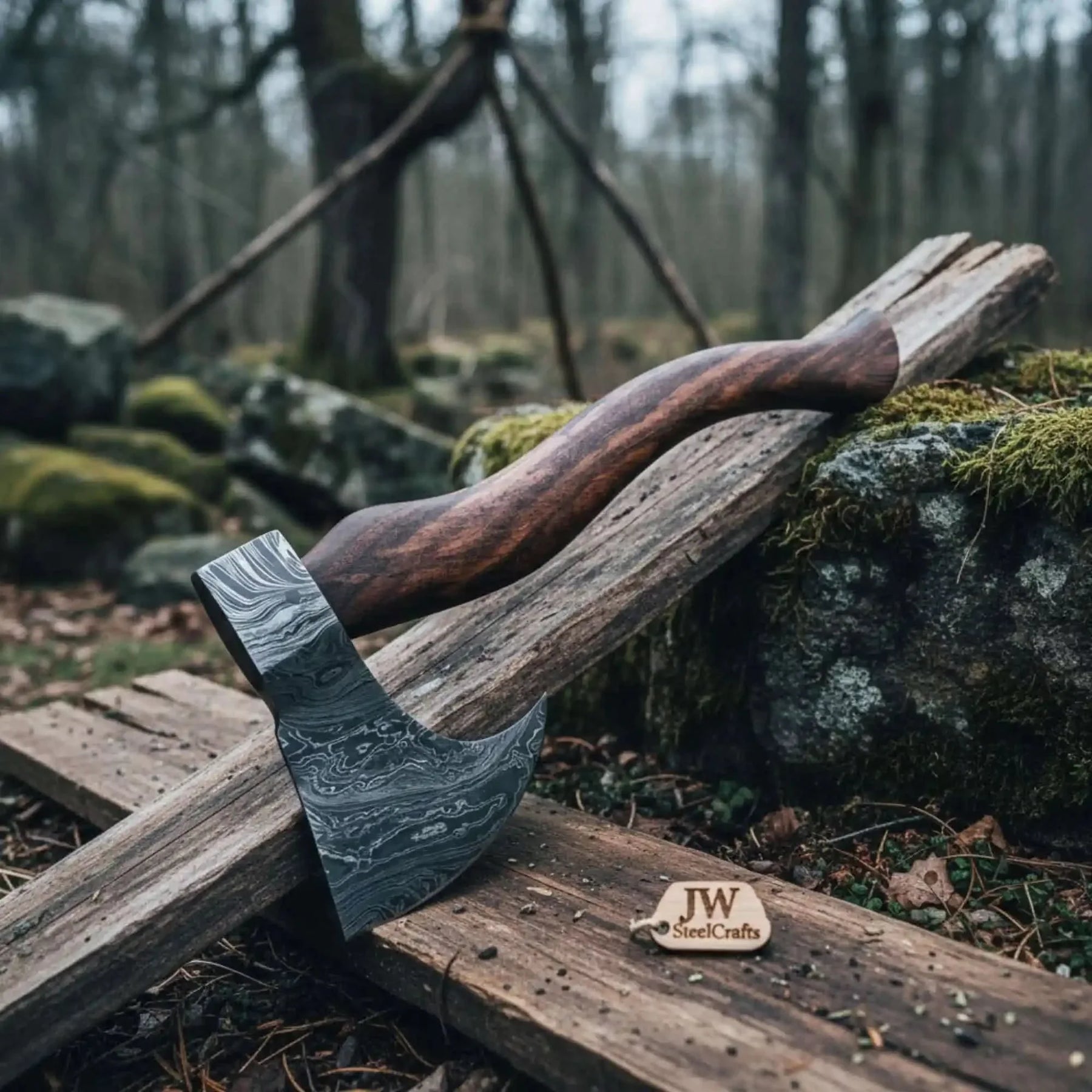 Damascus steel axe head with premium handle on rustic wood surface