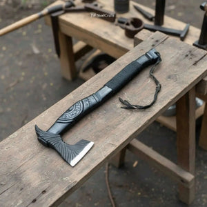 Hand Forged Viking Battle Axe with Carved Black Hardwood Handle