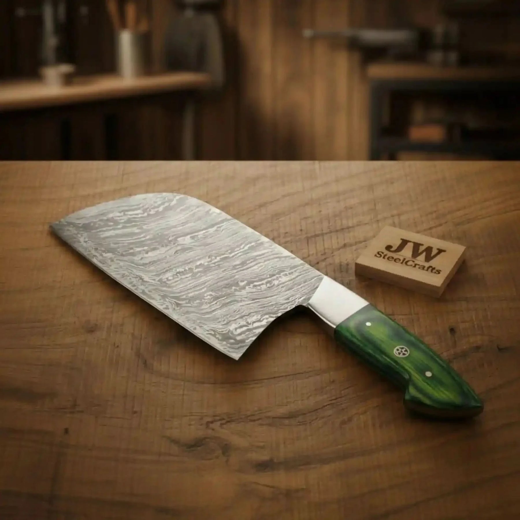 8-Inch Forged Damascus Meat Cleaver — Green Pakka Wood Handle, Steel Bolster & Mosaic Pin | JW Steel Crafts by JW SteelCrafts