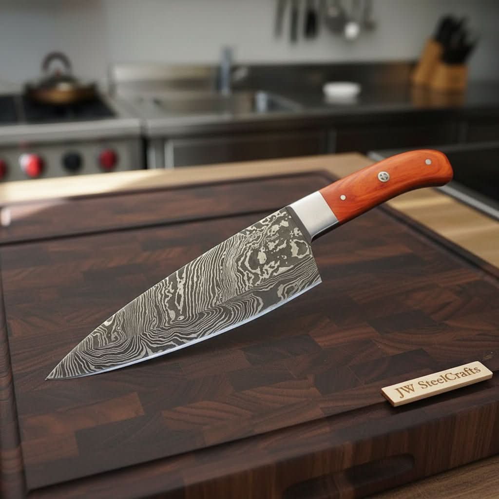 Handmade damascus steel knife with wood handle on dark surface