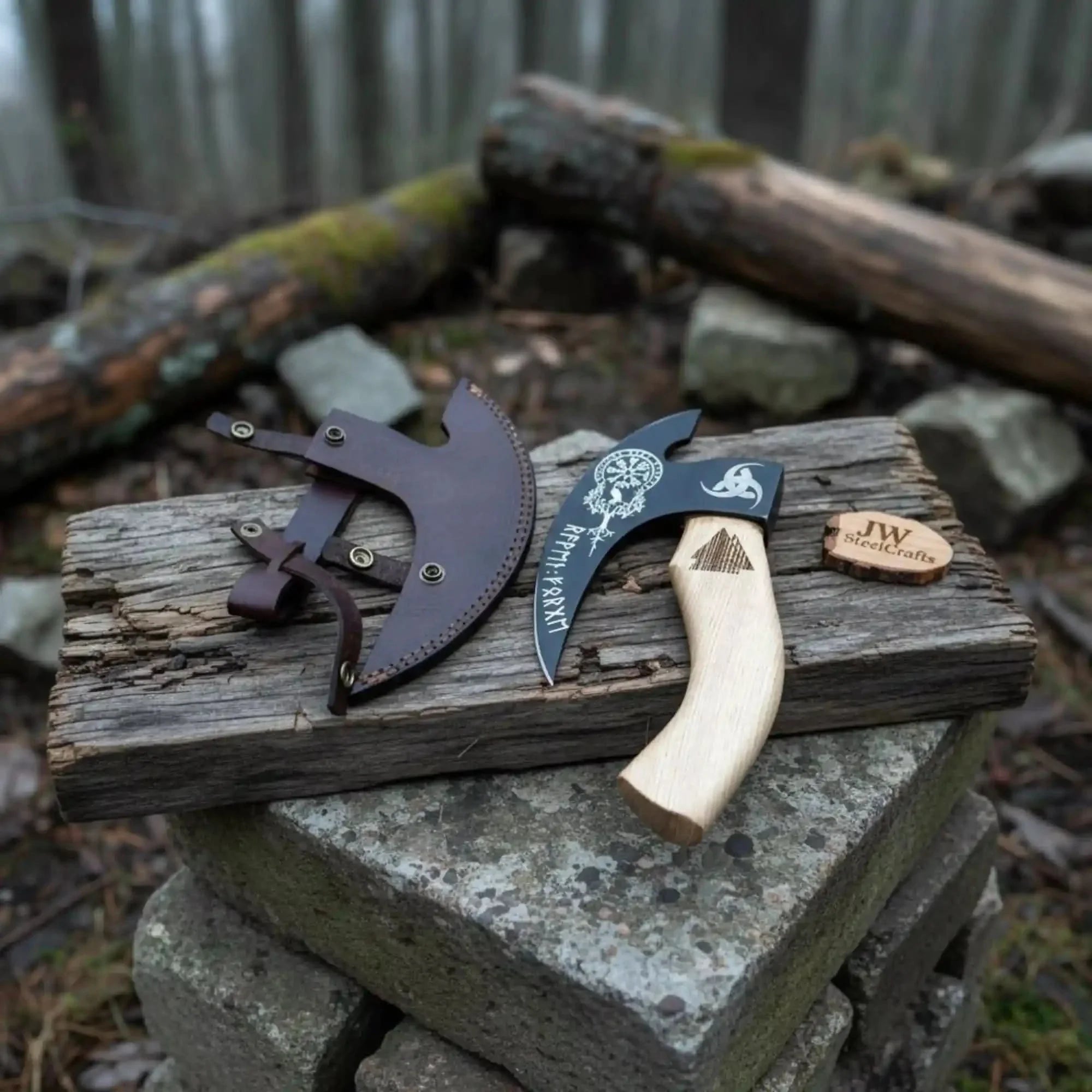 Viking Style Engraved Bearded Axe – Oak Wood Handle by JW SteelCrafts, handmade axe detail photo 2