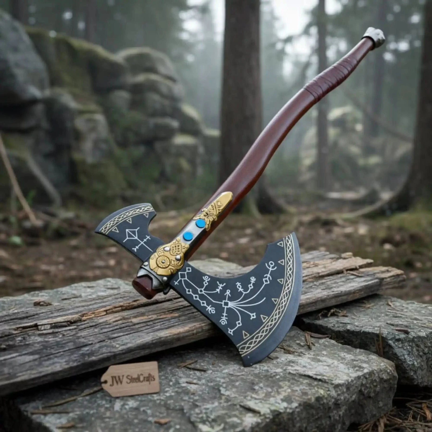Damascus steel axe head with premium handle on rustic wood surface