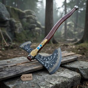 Damascus steel axe head with premium handle on rustic wood surface