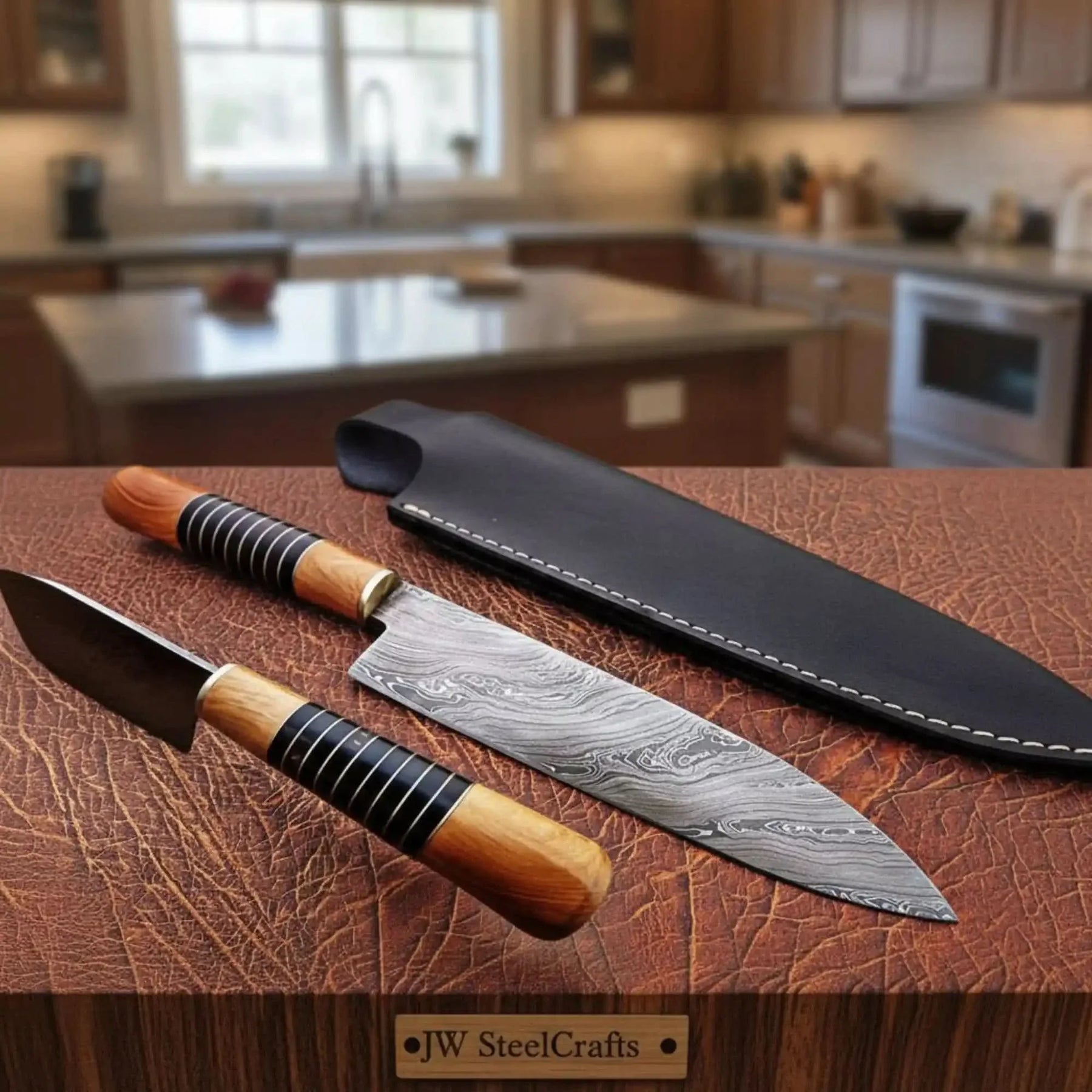 Handmade damascus steel knife with wood handle on dark surface