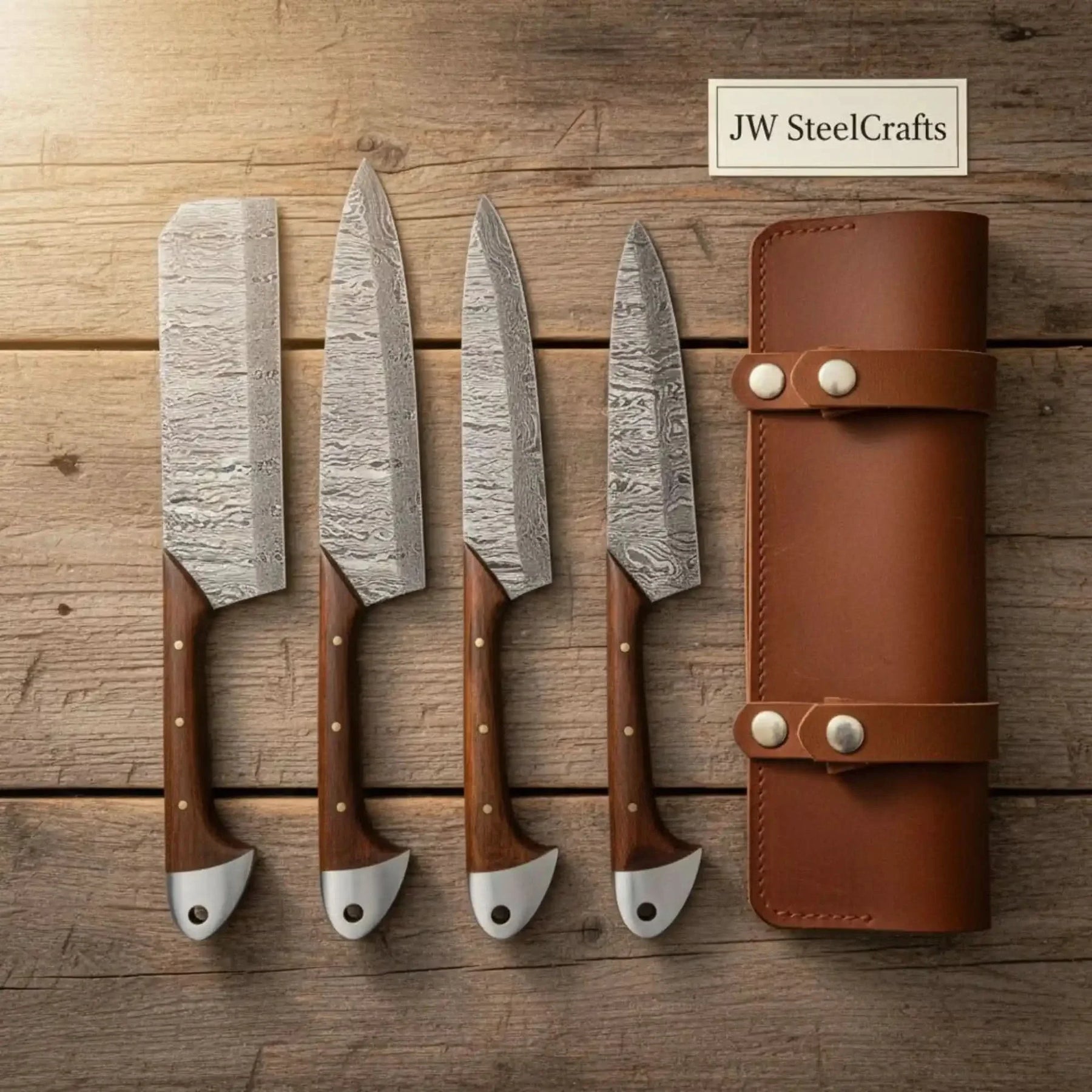 Handmade damascus steel knife with premium handle on dark surface