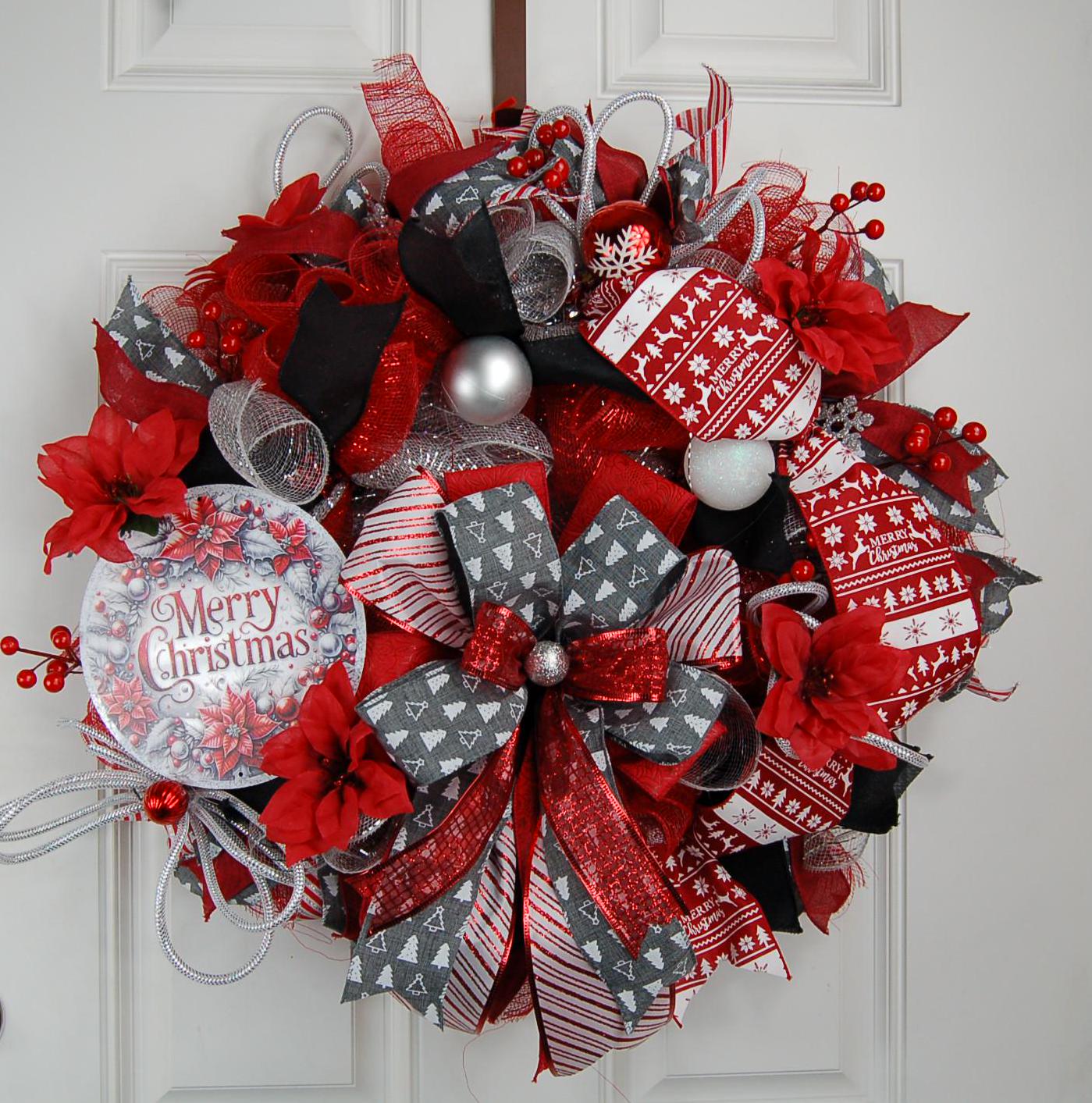 Red Poinsettia Christmas Wreath | Gold Plaid Door Decor by Bouge Creations, view 6