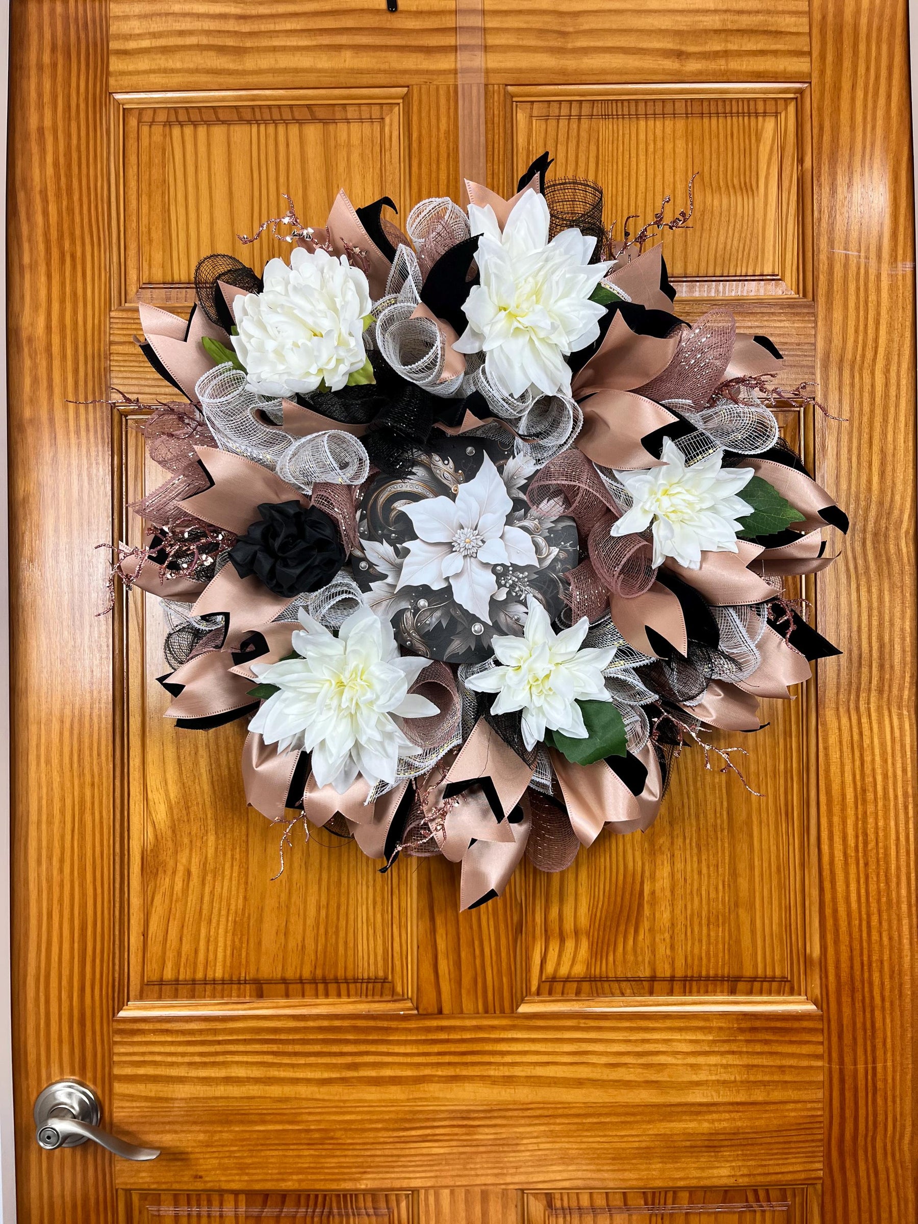 Black & Champagne Dahlia Wreath | Glam Front Door Decor by Bouge Creations, view 9
