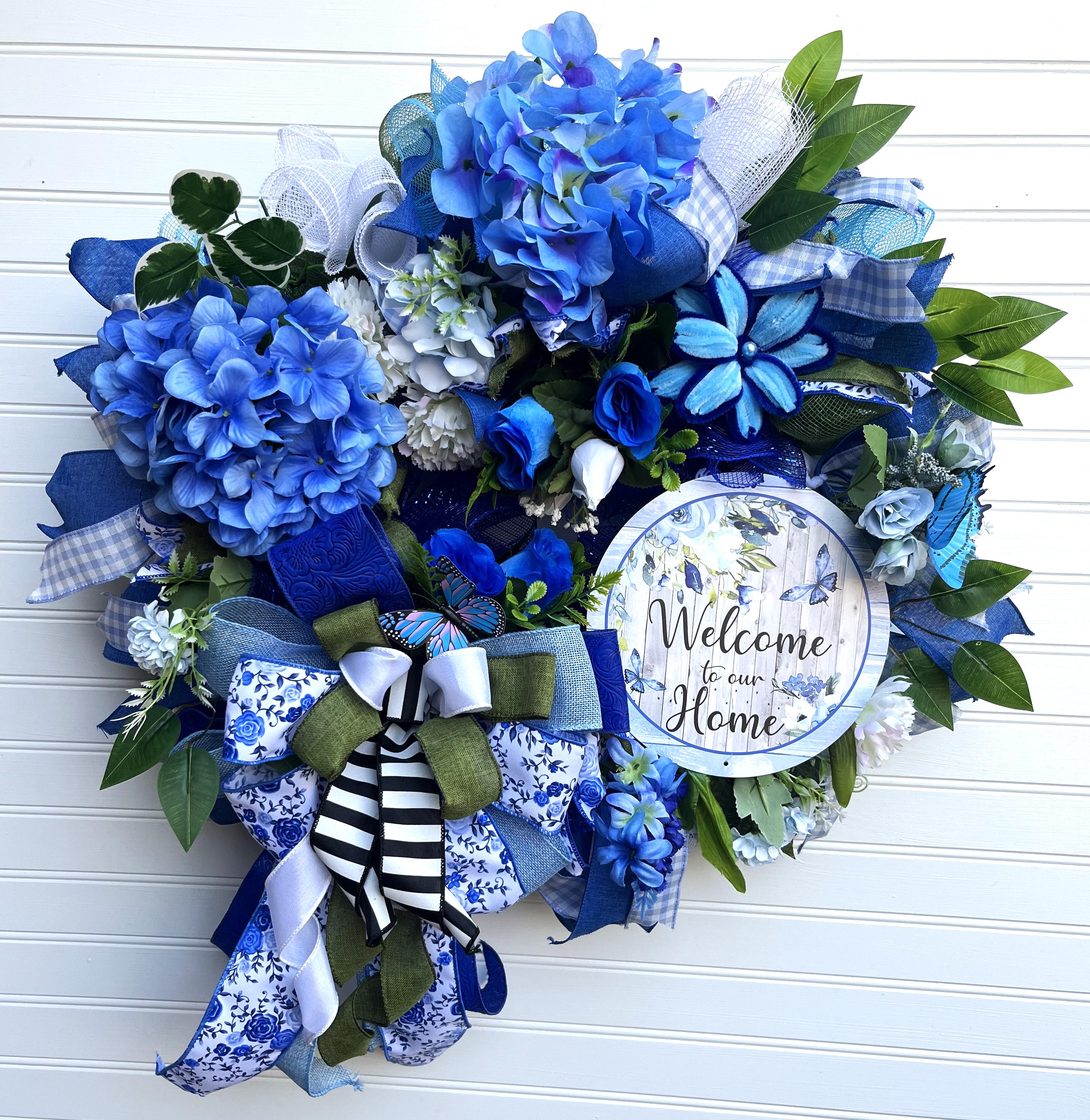 Blue Hydrangea Welcome Wreath | Front Door Decor handmade by Bouge Creations