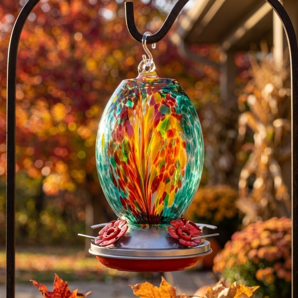 Fire & Ocean Olive Glass Hummingbird Feeder