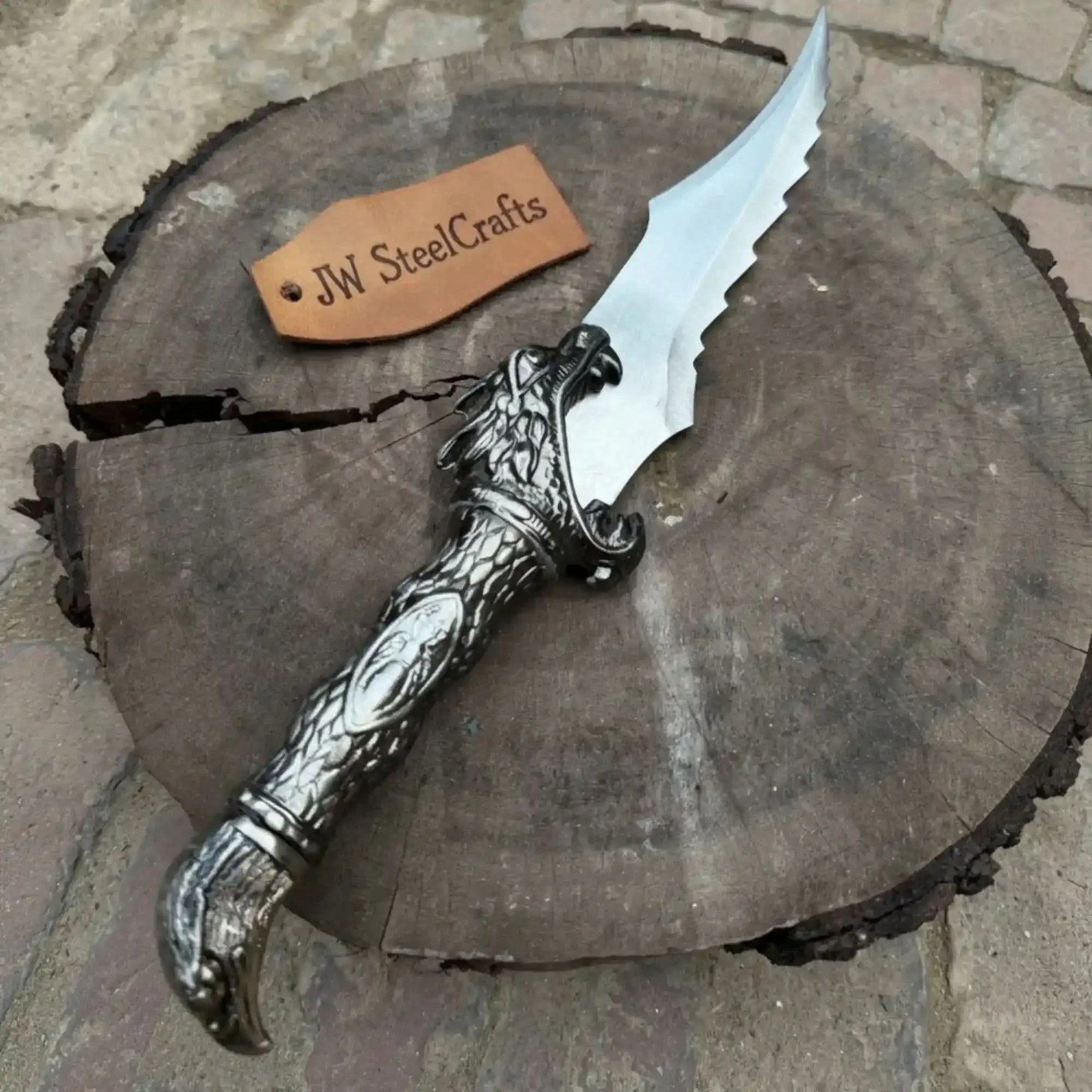 Full-length damascus steel replica sword with premium handle on dark background