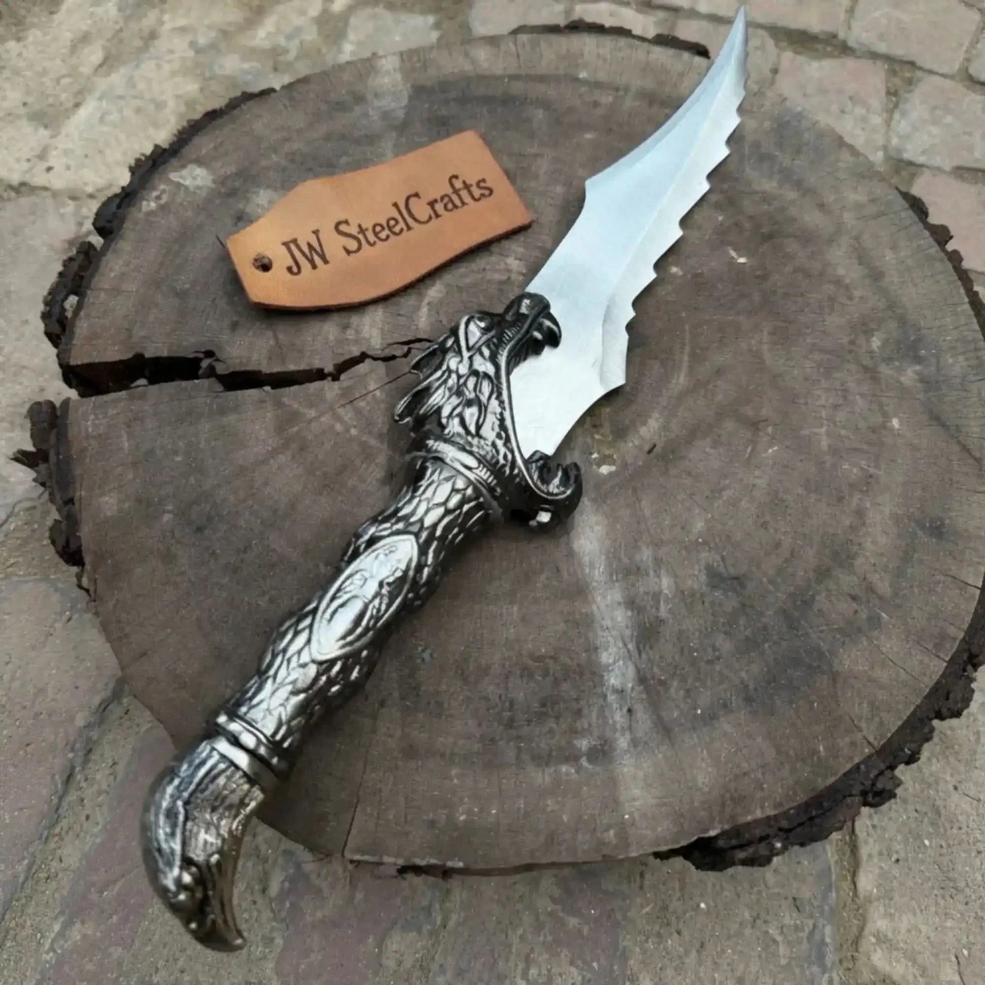 Full-length damascus steel replica sword with premium handle on dark background