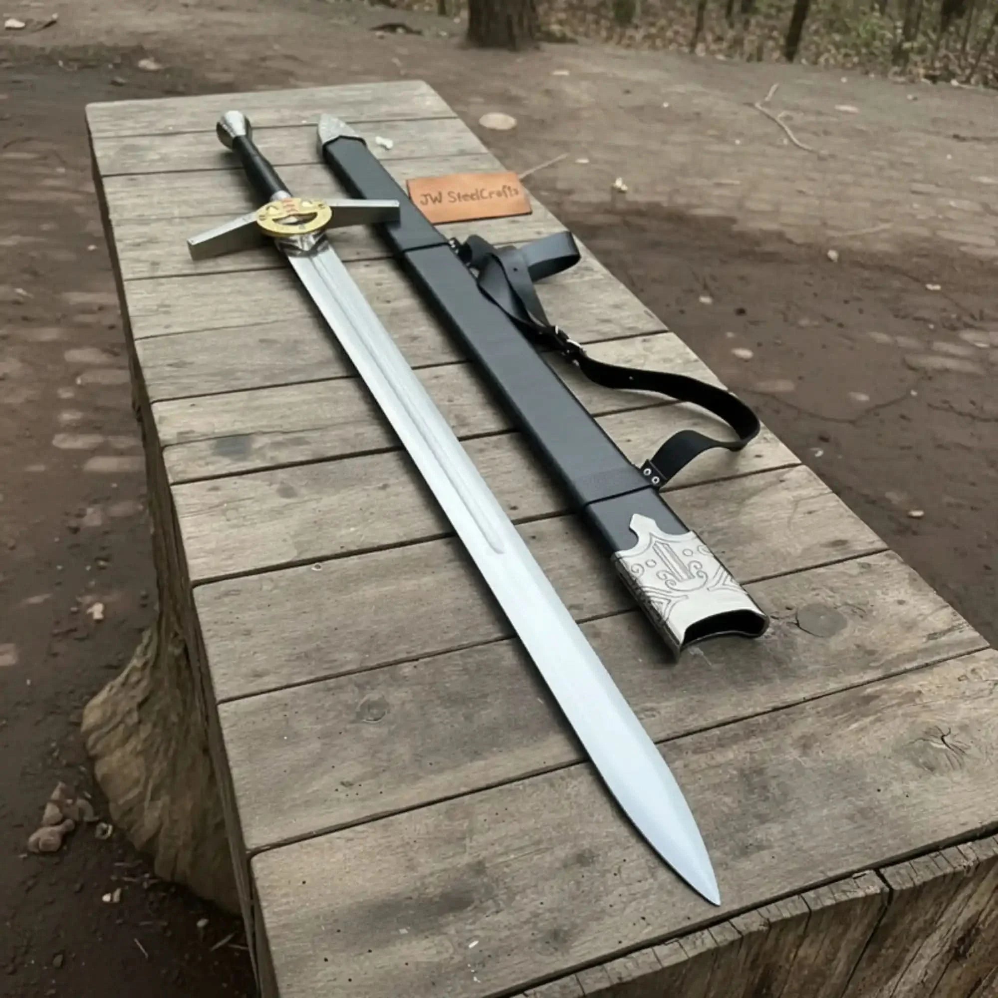 Full-length damascus steel replica sword with leather handle on dark background