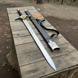 Full-length damascus steel replica sword with leather handle on dark background