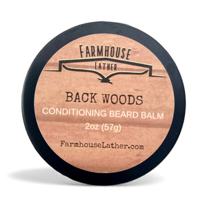 Farmhouse Lather Back Woods beard balm for light hold styling and daily beard conditioning
