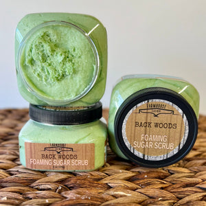 Farmhouse Lather Back Woods foaming sugar scrub with jojoba oil argan oil and smoothing sugar