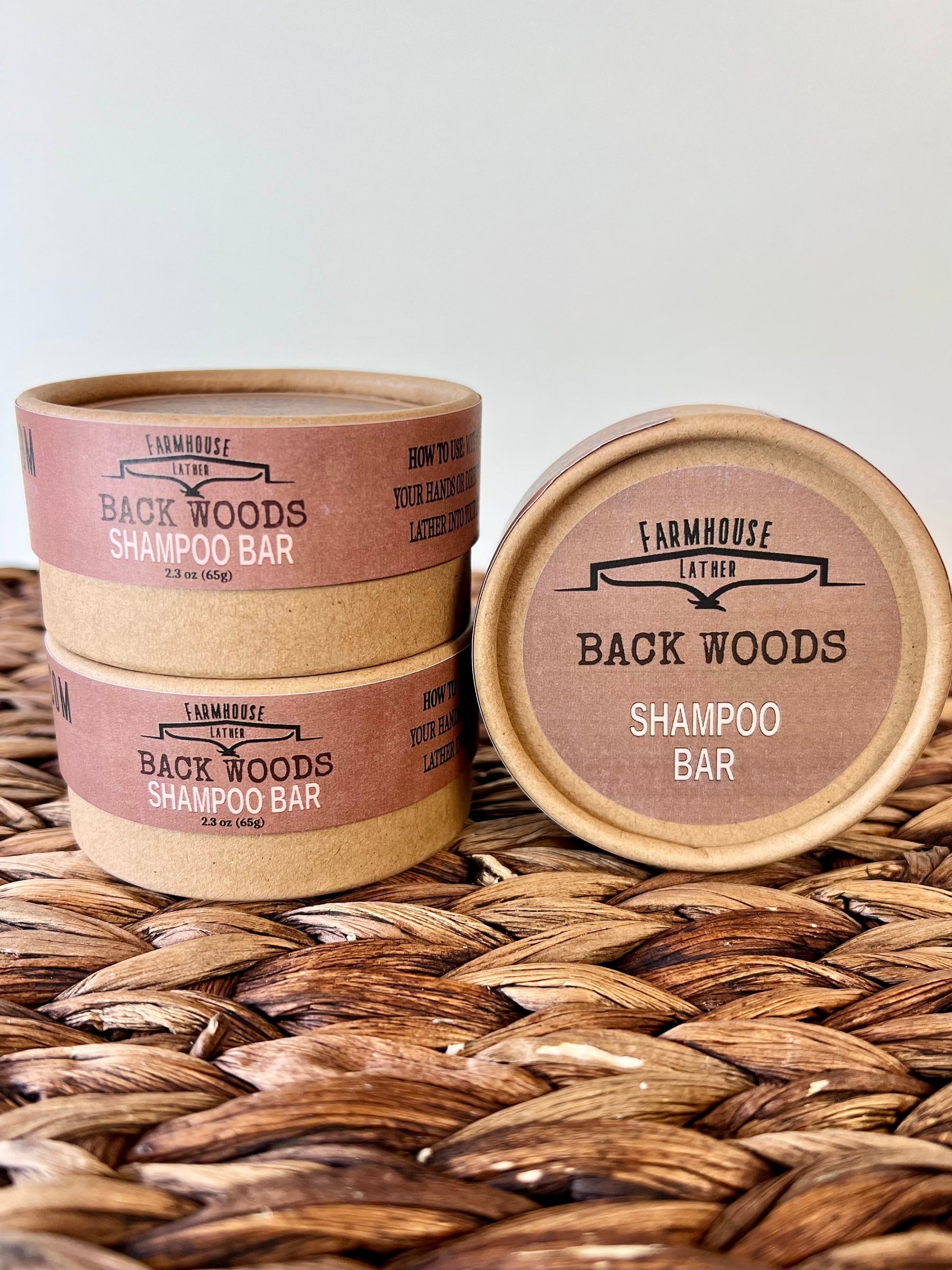 Farmhouse Lather Back Woods tan shampoo bar handmade hair care product