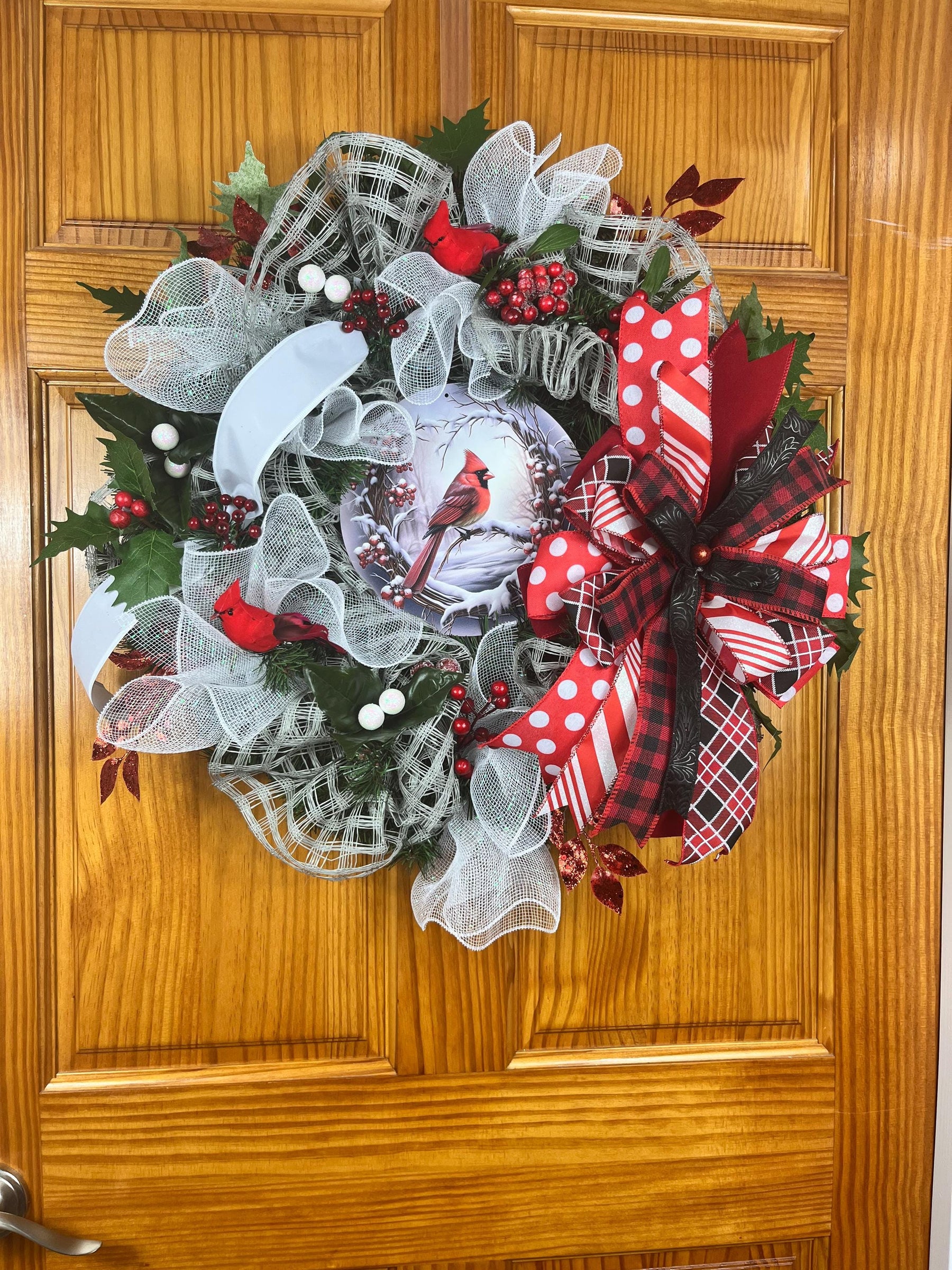 Cardinal Christmas Wreath | Red Plaid Winter Door Decor by Bouge Creations, view 2