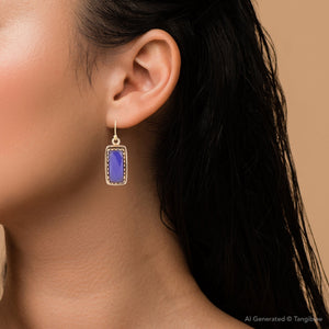 Filigreed Blue Agate Rectangular Shape Golden Drop Earrings