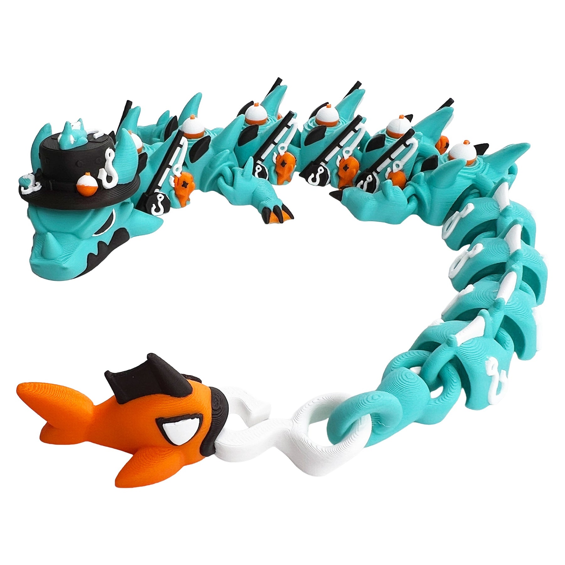 Full-length articulated fishing dragon curled in a circle with fish tail and fishing accessories