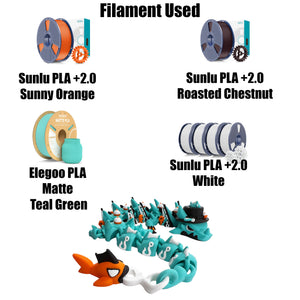 Fishing dragon filament and color reference showing teal, orange, chestnut, white, and black details