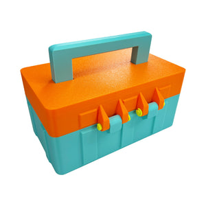 Rear view of 3D printed teal and orange tackle box with hinged lid and carrying handle
