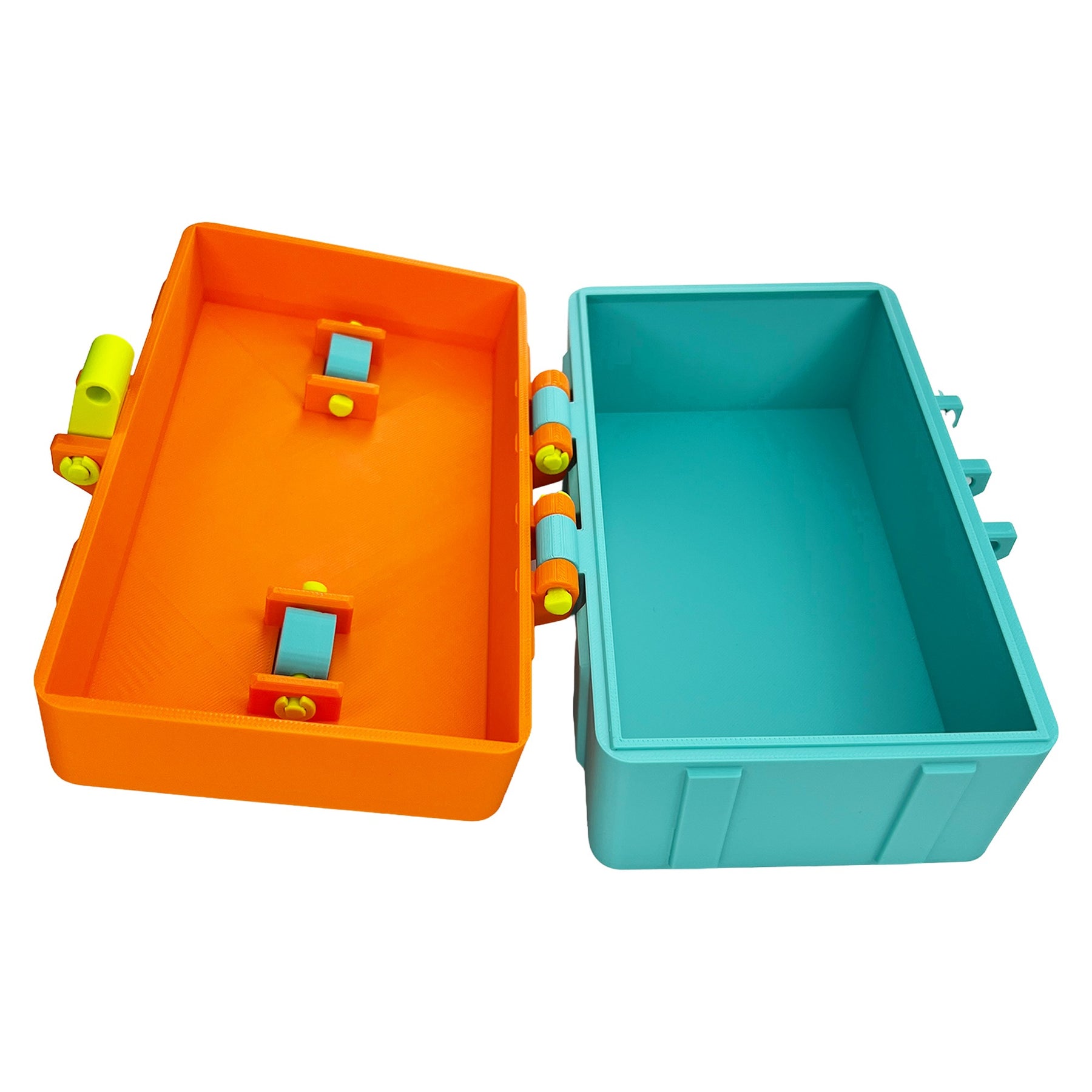 Open 3D printed fishing tackle box showing spacious storage compartment and hinged lid