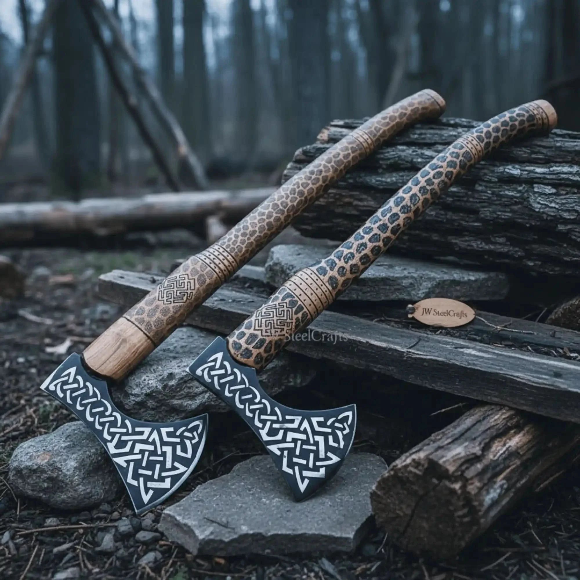 Damascus steel axe head with wood handle on rustic wood surface