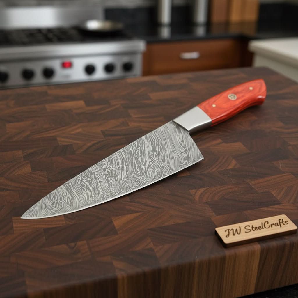 Handmade damascus steel knife with wood handle on dark surface