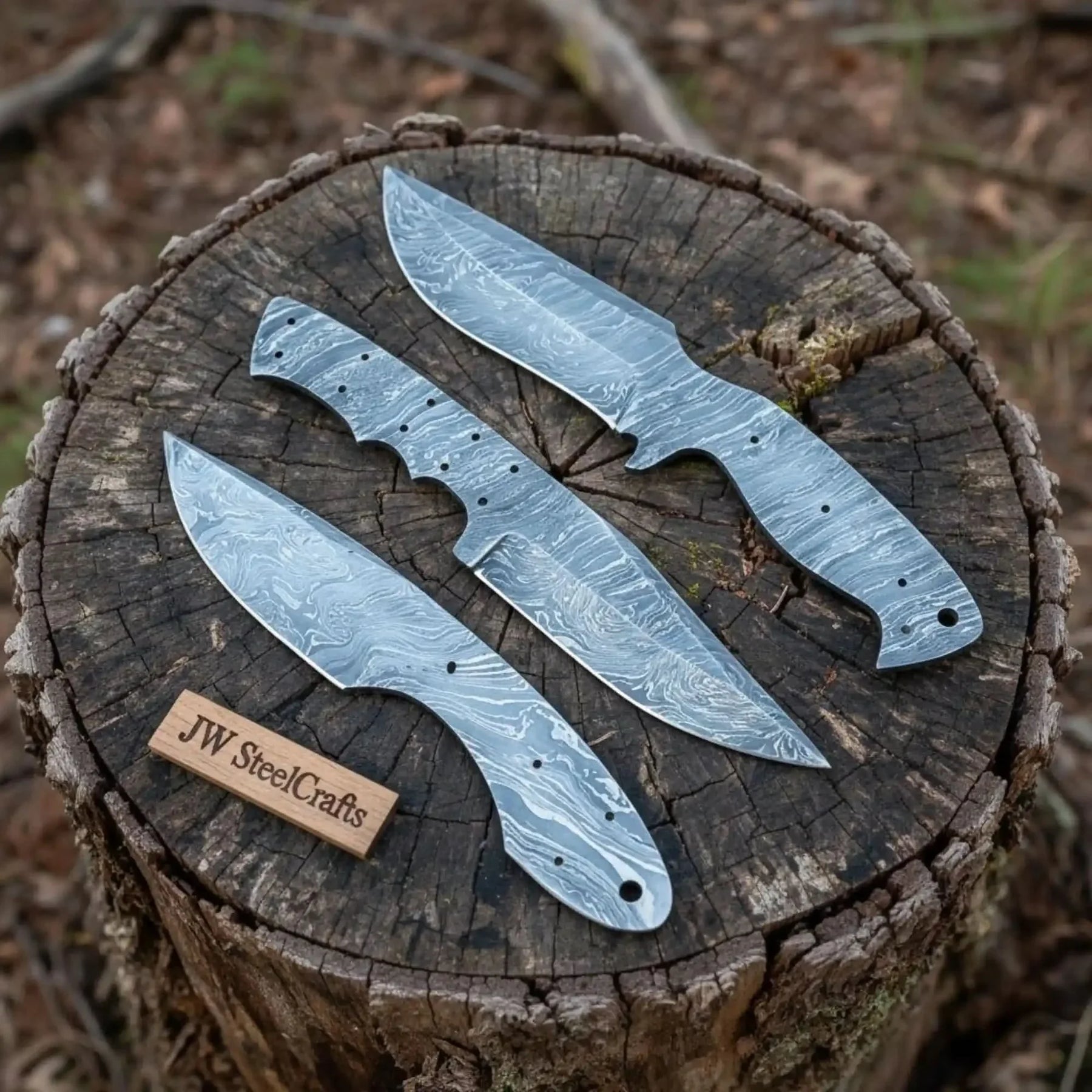 Damascus Knife Blanks Set 4.5 Inch Blades Fixed Blade DIY Trio by JW SteelCrafts