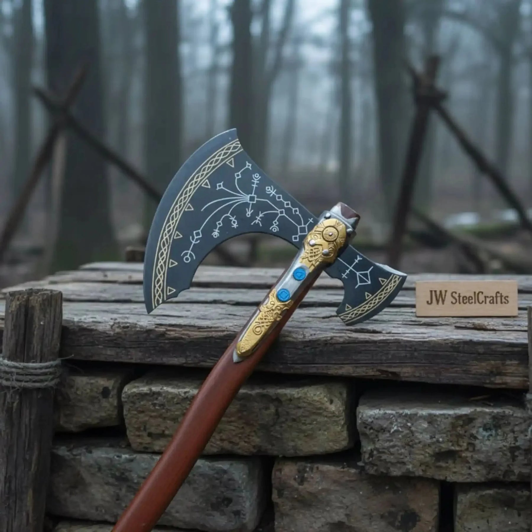 Hand Forged Viking Fantasy Double-Bit Axe with Norse Engraving, Gold Handle Fittings and Blue Gemstone Inlays