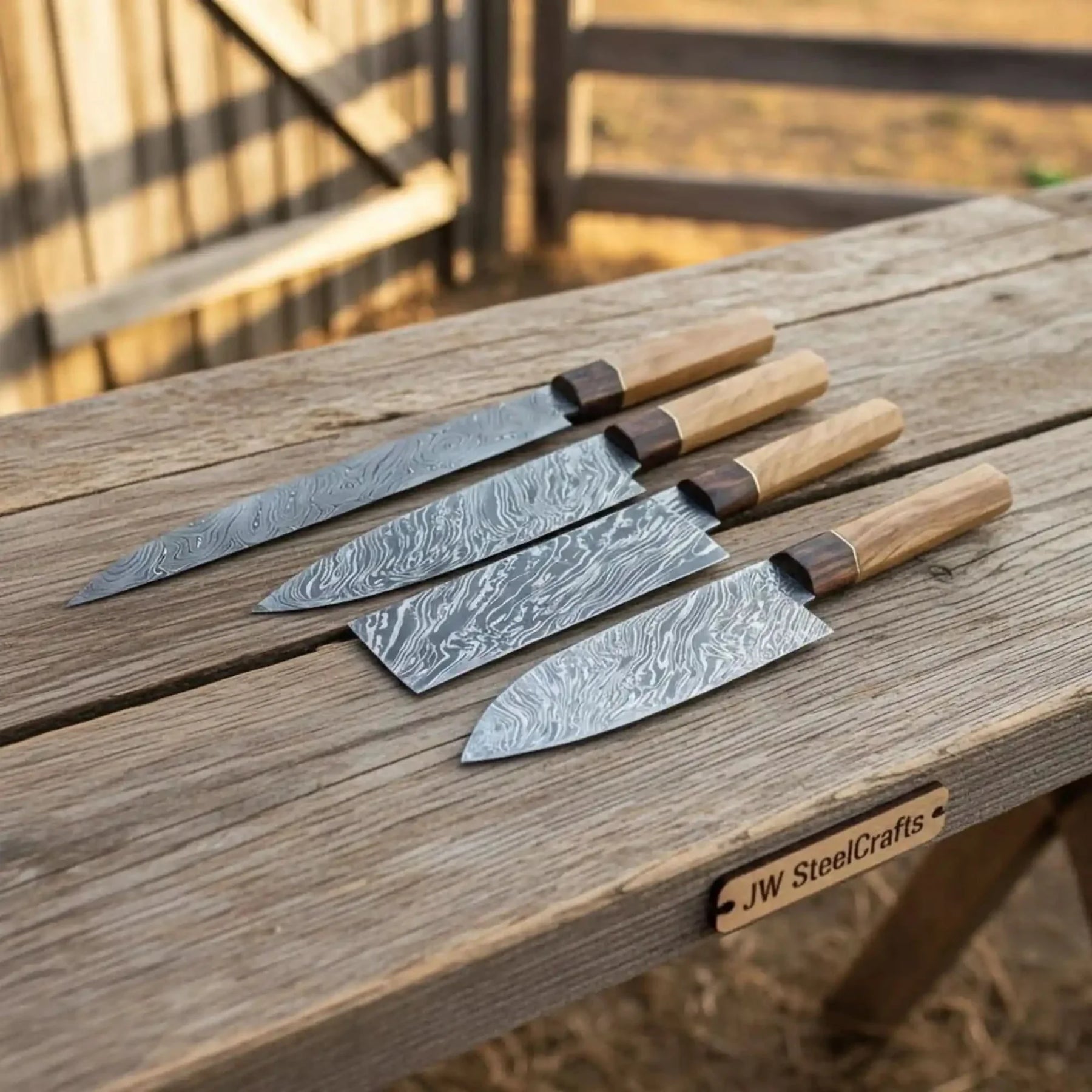 Handmade damascus steel knife with wood handle on dark surface