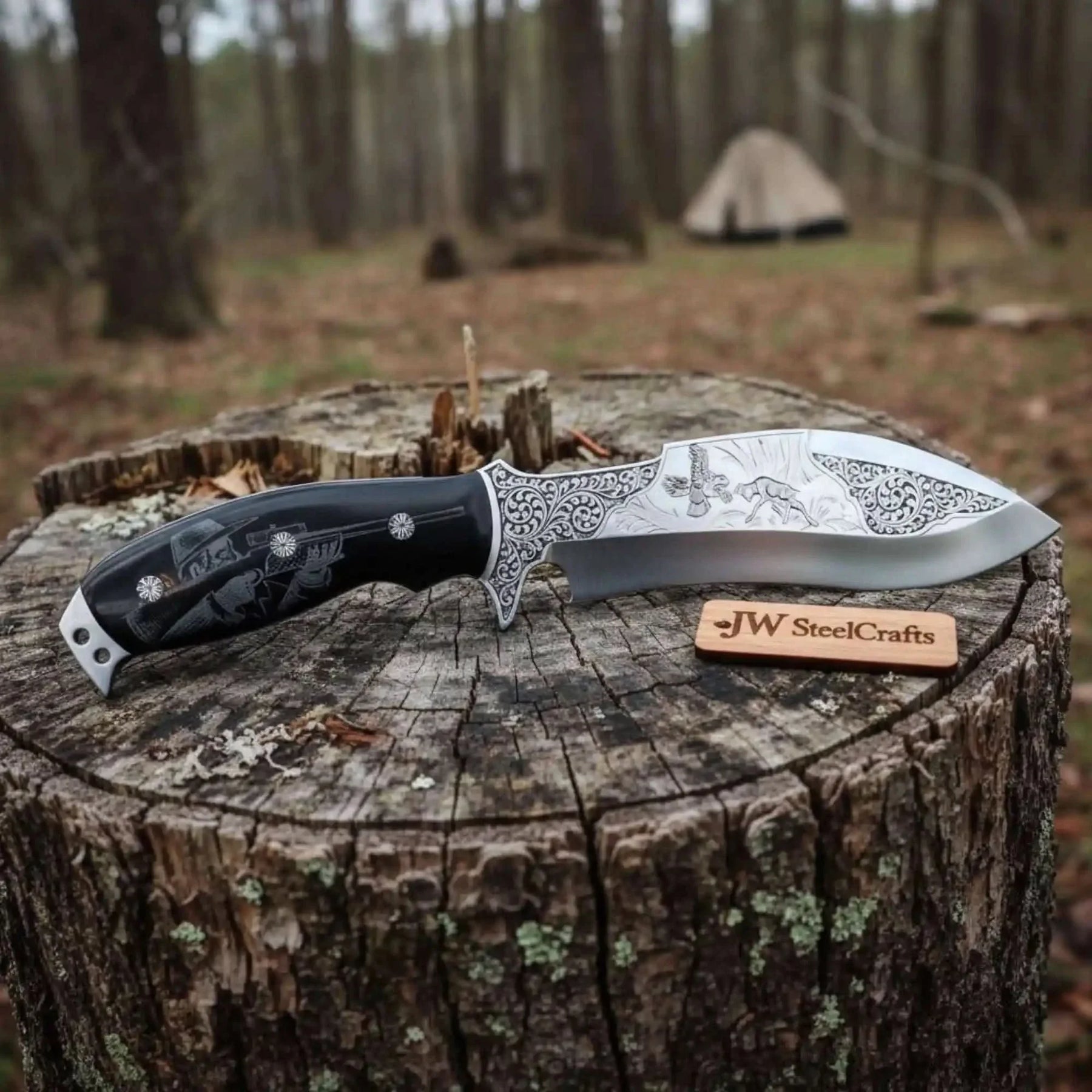 Handmade d2 steel steel knife with premium handle on dark surface