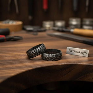 Black Damascus Steel Wedding Ring Set Double Groove Couple Bands by JW SteelCrafts
