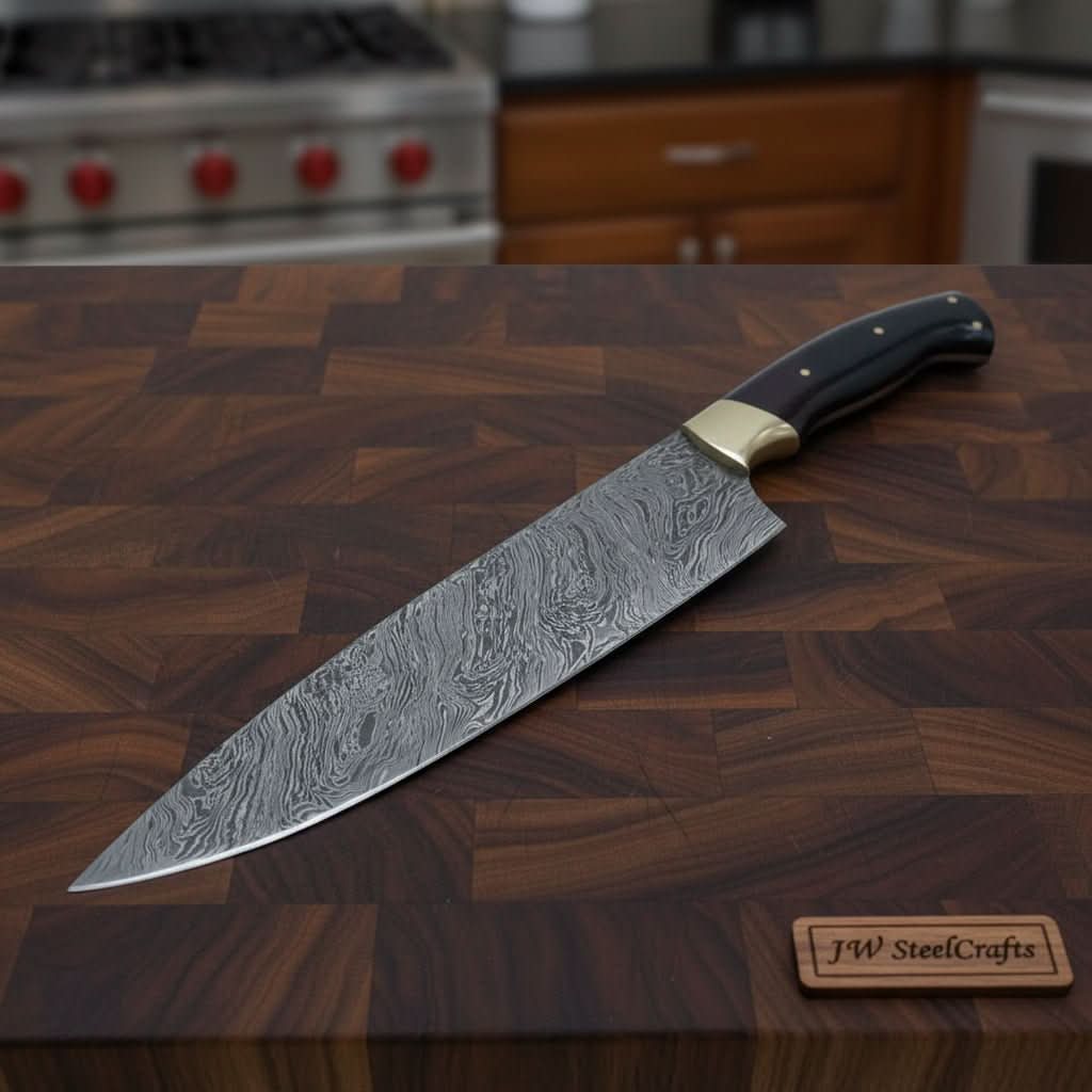 Handmade damascus steel knife with premium handle on dark surface